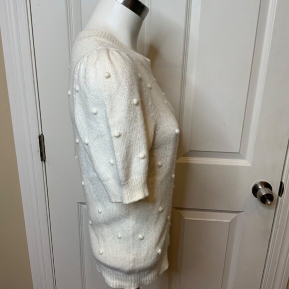 By Anthropologie White Wool Blend Short Sleeve Sweater W/ Pom Pom Nub, Size S - Picture 2 of 5